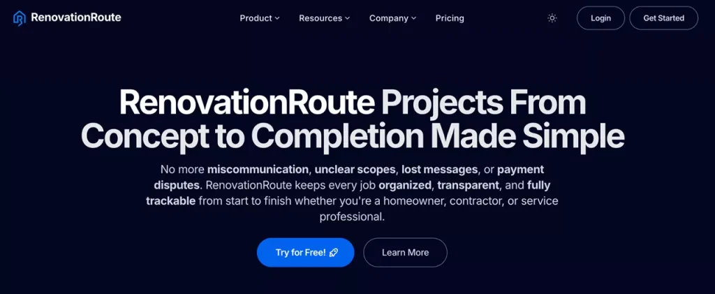 homepage of RenovationRoute web app homepage of RenovationRoute on-demand home service web app