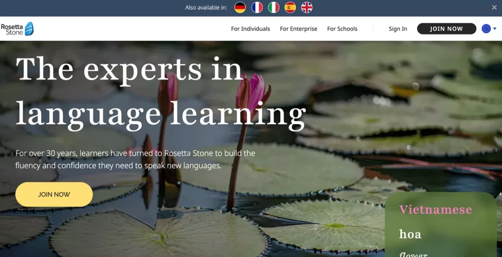 homepage of Rosetta Stone web app homepage of the Rosetta Stone web app for learning languages