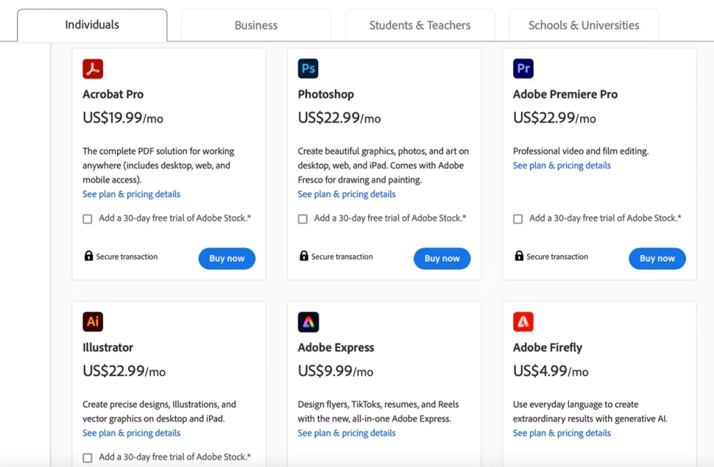 Adobe Creative Cloud example of SaaS pricing model