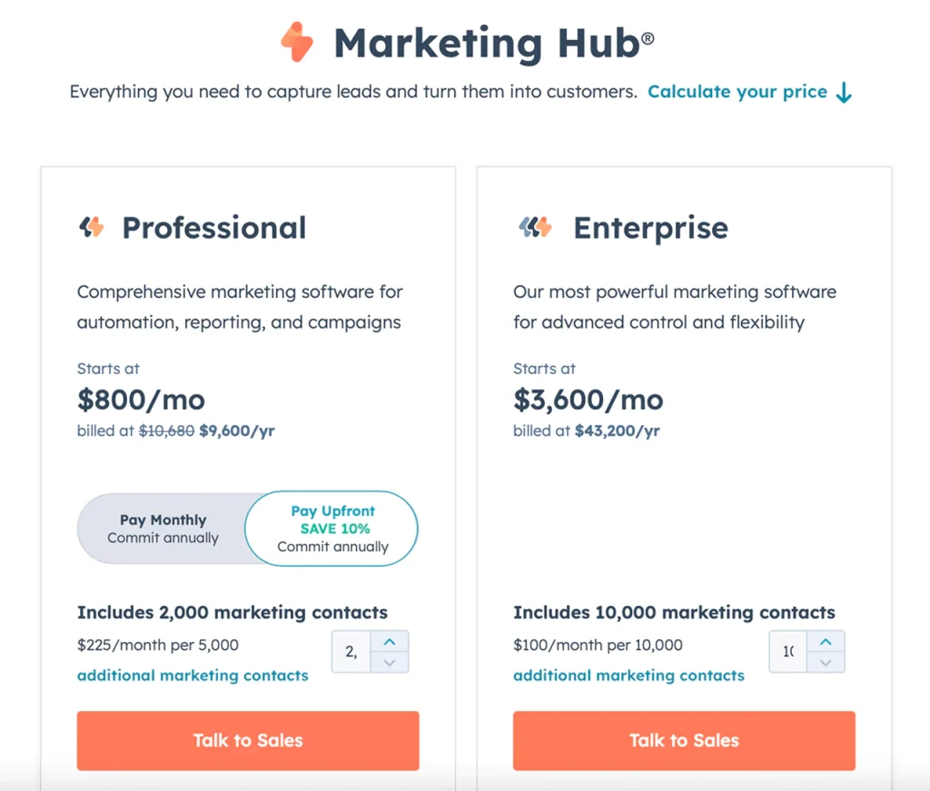 HubSpot example of SaaS pricing model
