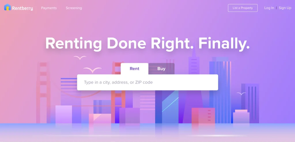 The home page of Rentberry, a leading real estate startup The web page of Rentberry, a prominent real estate startup