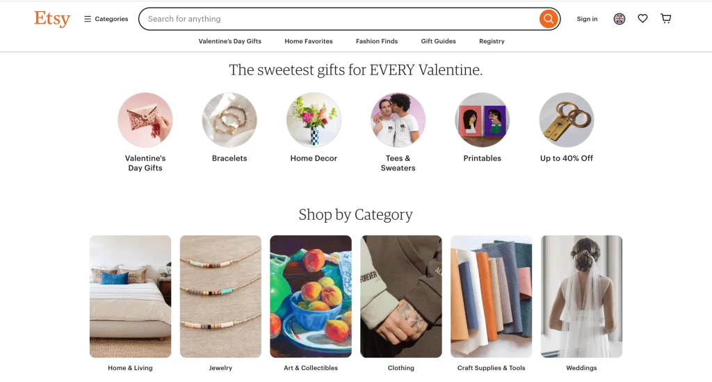 Etsy home page