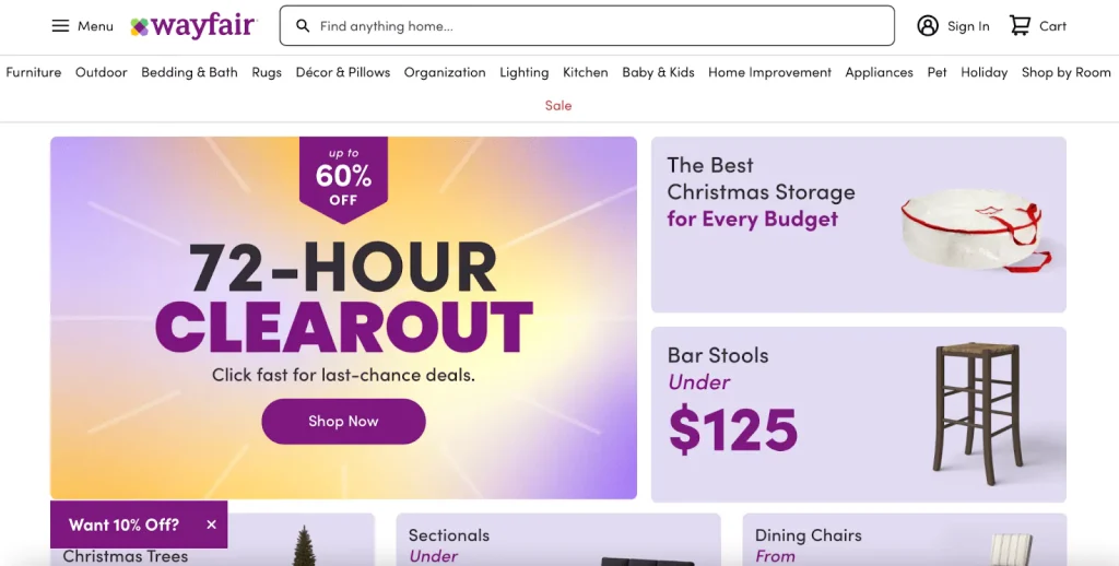 Wayfair home page