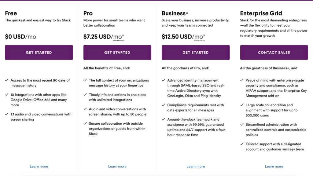 Slack pricing model template