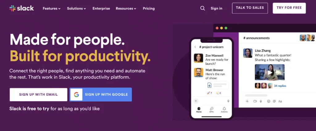 Slack main page