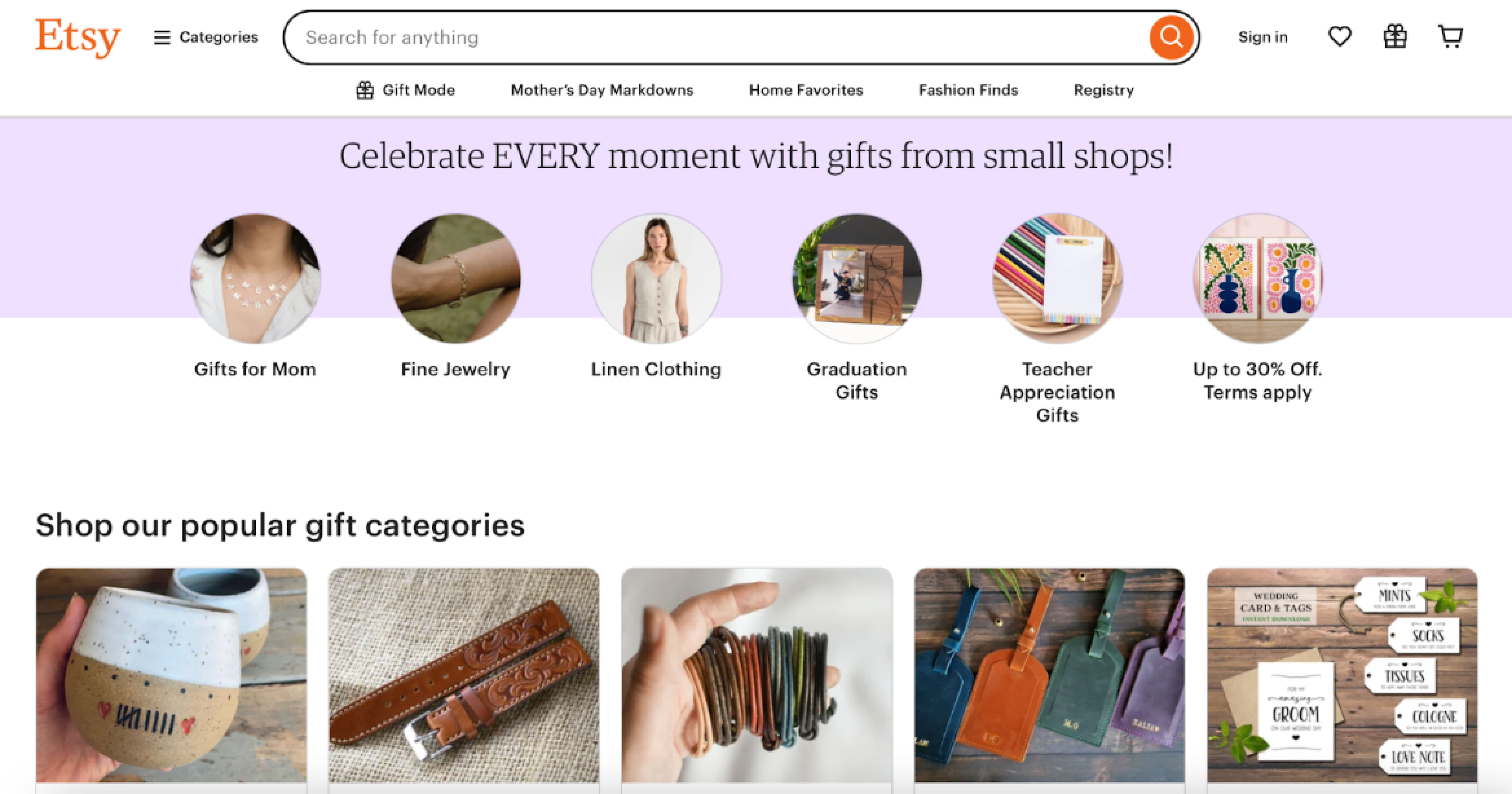 Etsy home page