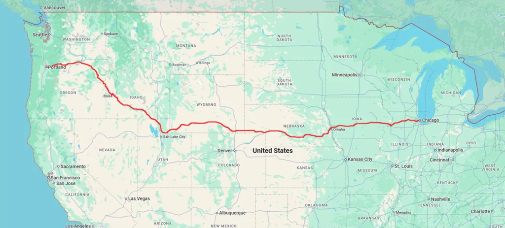 The red line on the map of the United States shows the route from Chicago to Portland