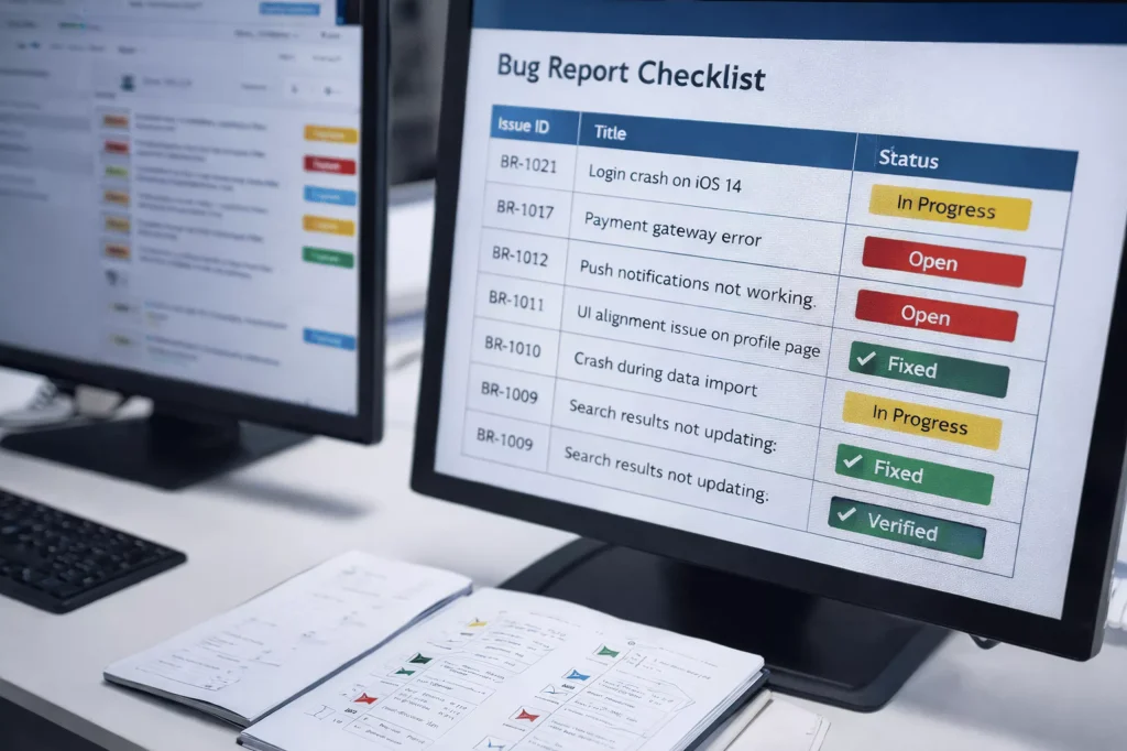 Bug report checklist and issue statuses Bug report checklist and issue statuses during mobile app QA testing on a workstation