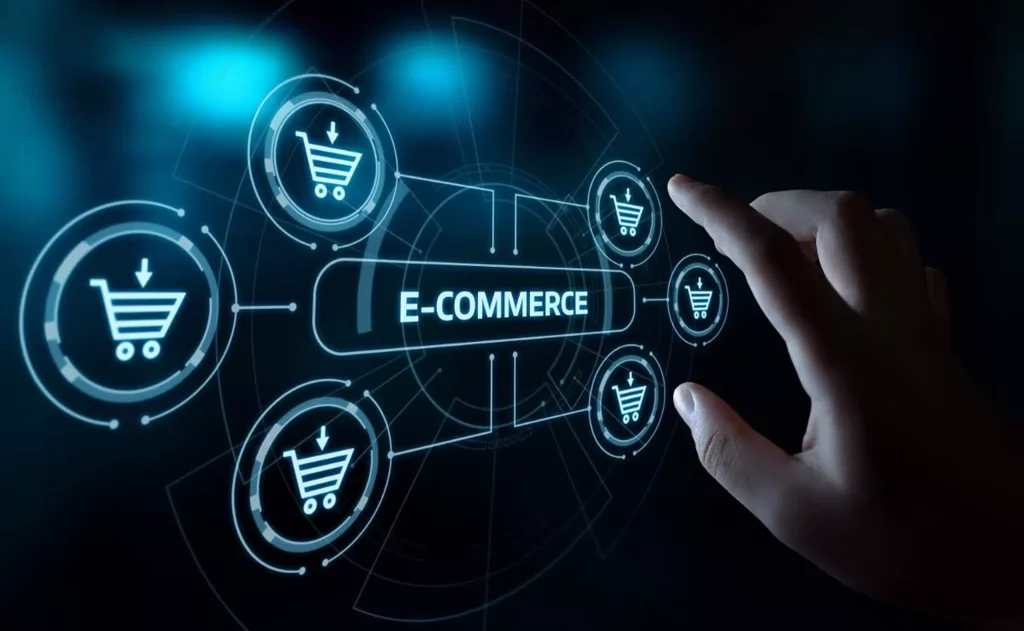 E-commerce digital interface E-commerce interface with shopping cart icons and digital network