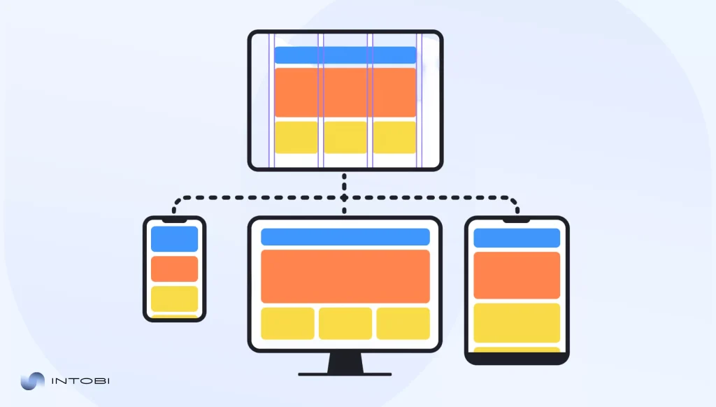 Responsive Design Across Devices Illustration of a responsive website layout displayed on a tablet, desktop computer, and smartphone.